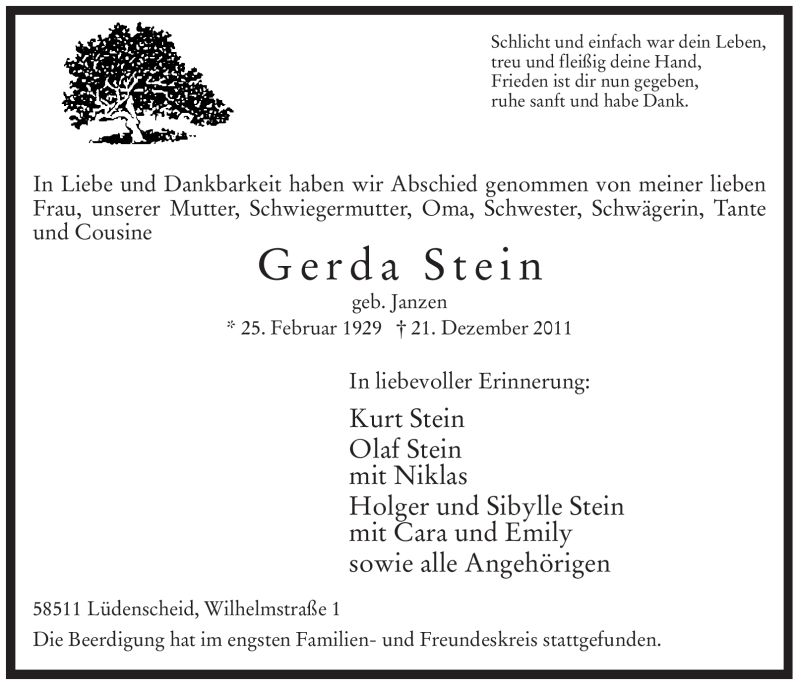  Traueranzeige für Gerda Stein vom 31.12.2011 aus WESTFÄLISCHER ANZEIGER