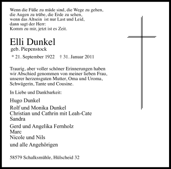 Traueranzeige von Elli Dunkel von WESTFÄLISCHER ANZEIGER
