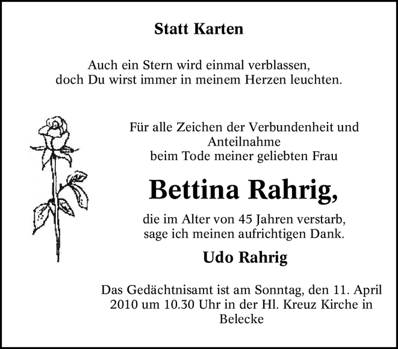 Traueranzeige für Bettina Rahrig vom 10.04.2010 aus WESTFÄLISCHER ANZEIGER