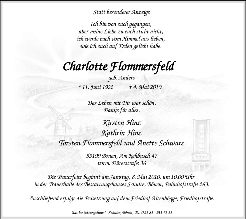  Traueranzeige für Charlotte Flommersfeld vom 05.05.2010 aus WESTFÄLISCHER ANZEIGER