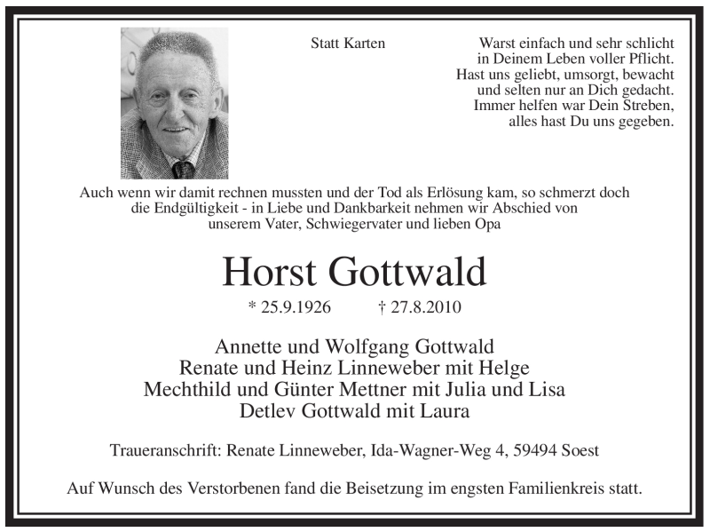  Traueranzeige für Horst Gottwald vom 03.09.2010 aus WESTFÄLISCHER ANZEIGER