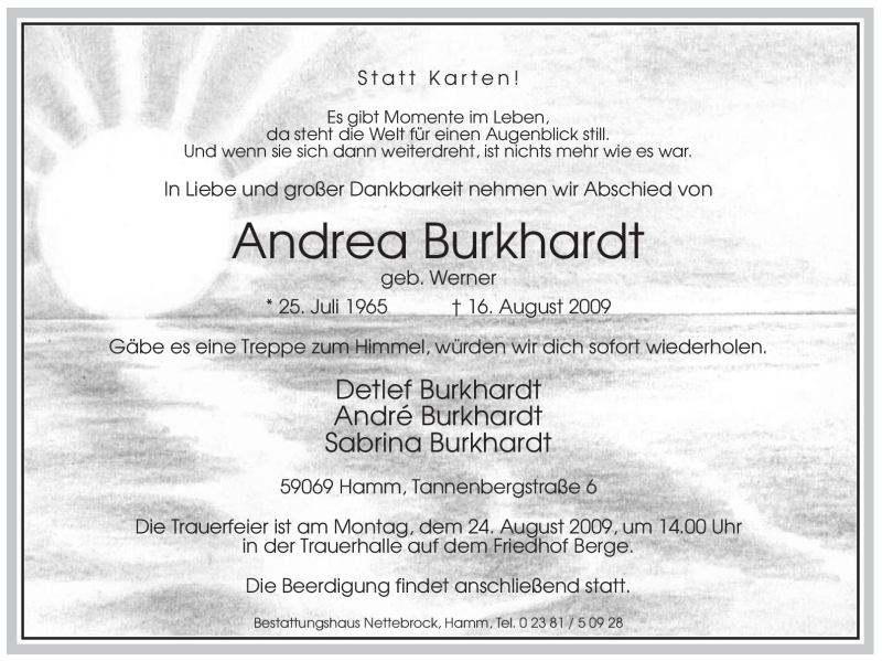  Traueranzeige für Andrea Burkhardt vom 20.08.2009 aus WESTFÄLISCHER ANZEIGER