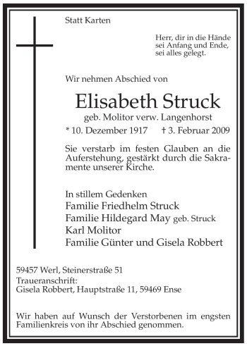 Traueranzeige von Elisabeth Struck von WESTFÄLISCHER ANZEIGER