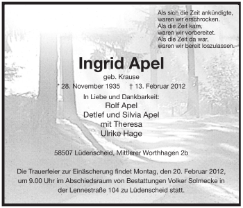 Traueranzeige von Ingrid Apel von WESTFÄLISCHER ANZEIGER