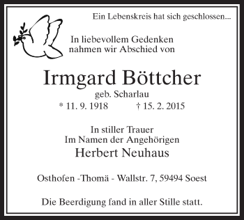 Traueranzeige von Irmgard Böttcher von MZV