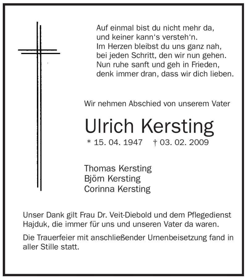  Traueranzeige für Ulrich Kersting vom 16.02.2009 aus WESTFÄLISCHER ANZEIGER