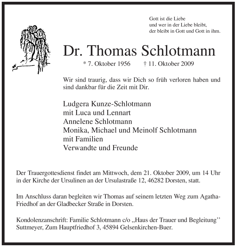  Traueranzeige für Thomas Schlotmann vom 17.10.2009 aus WESTFÄLISCHER ANZEIGER