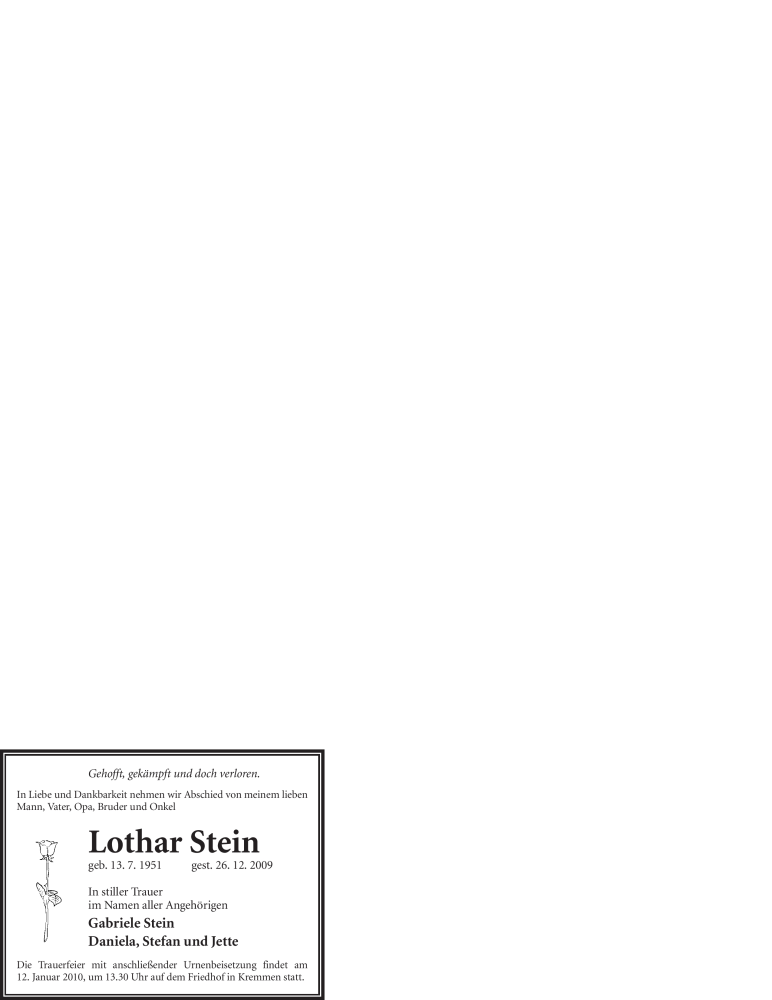  Traueranzeige für Lothar Stein vom 07.01.2010 aus WESTFÄLISCHER ANZEIGER