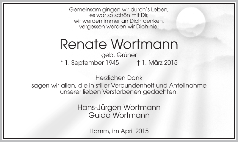 Traueranzeige für Renate Wortmann vom 04.04.2015 aus MZV