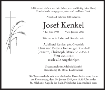Traueranzeige von Josef Kenkel von WESTFÄLISCHER ANZEIGER
