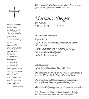Traueranzeige von Marianne Berger von WESTFÄLISCHER ANZEIGER