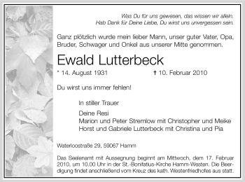 Traueranzeige von Ewald Lutterbeck von WESTFÄLISCHER ANZEIGER