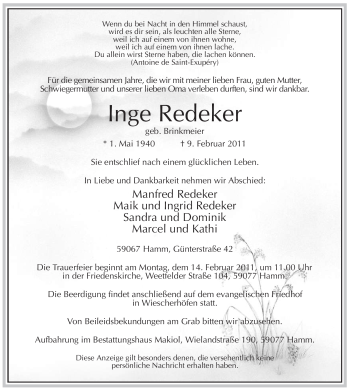 Traueranzeige von Inge Redeker von WESTFÄLISCHER ANZEIGER