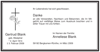 Traueranzeige von Gertrud Blank von WESTFÄLISCHER ANZEIGER