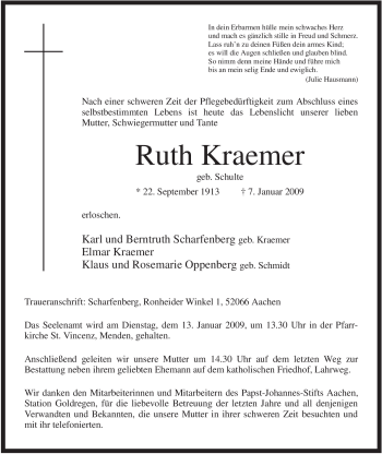 Traueranzeige von Ruth Kraemer von WESTFÄLISCHER ANZEIGER