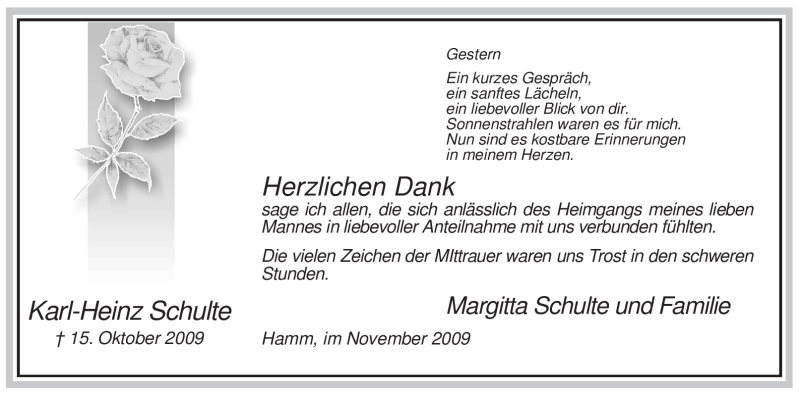  Traueranzeige für Karl-Heinz Schulte vom 21.11.2009 aus WESTFÄLISCHER ANZEIGER