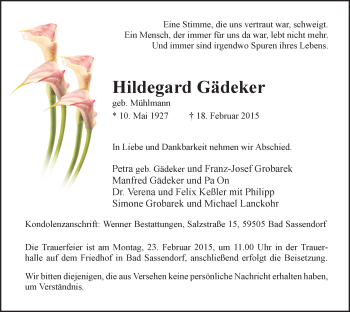 Traueranzeige von Hildegard Gädeker von MZV