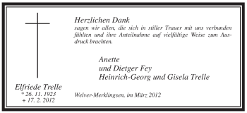 Traueranzeige von Elfriede Trelle von WESTFÄLISCHER ANZEIGER