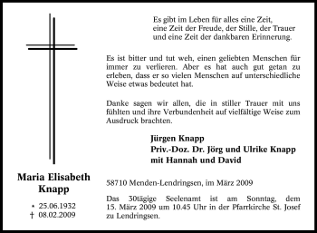 Traueranzeige von Maria Elisabeth Knapp von WESTFÄLISCHER ANZEIGER