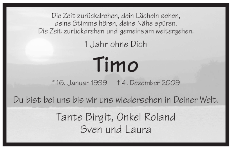  Traueranzeige für Timo  vom 04.12.2010 aus WESTFÄLISCHER ANZEIGER