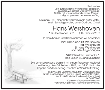Traueranzeige von Hans Wershoven von WESTFÄLISCHER ANZEIGER