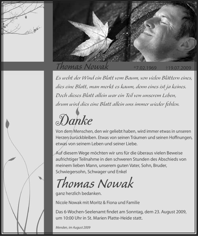  Traueranzeige für Thomas Nowak vom 19.08.2009 aus WESTFÄLISCHER ANZEIGER