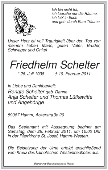 Traueranzeige von Friedhelm Schelter von WESTFÄLISCHER ANZEIGER