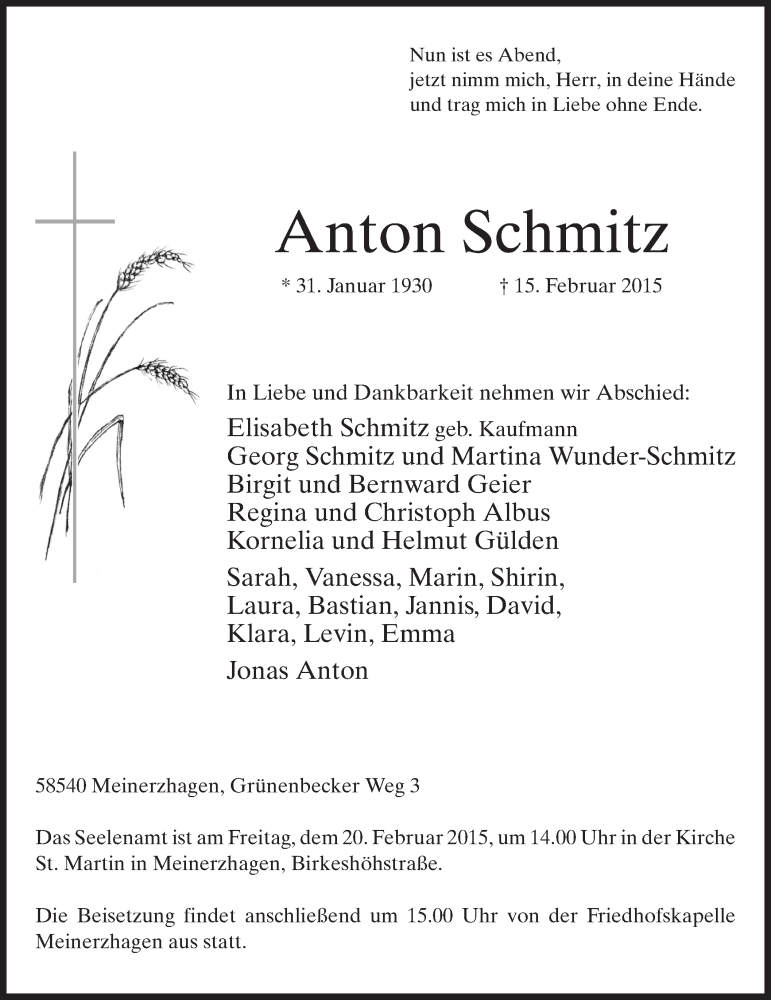 Traueranzeige für Anton Schmitz vom 17.02.2015 aus MZV
