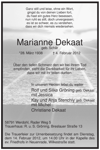 Traueranzeige von Marianne Dekaat von WESTFÄLISCHER ANZEIGER