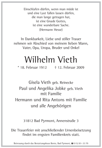 Traueranzeige von Wilhelm Vieth von WESTFÄLISCHER ANZEIGER