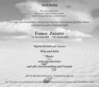 Traueranzeige von Franco Zavater von WESTFÄLISCHER ANZEIGER