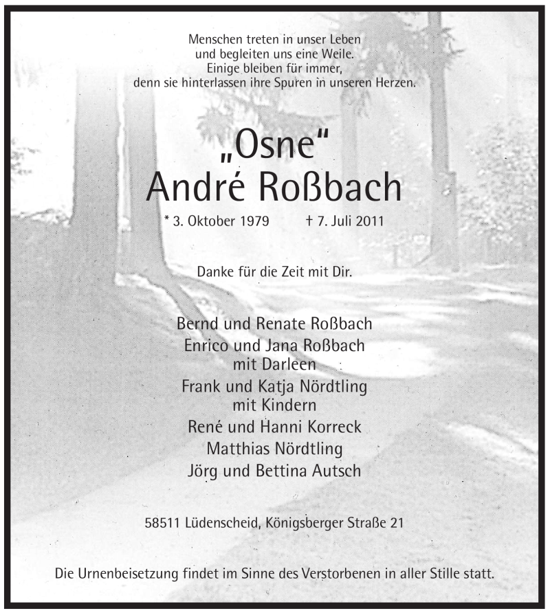  Traueranzeige für André Roßbach vom 11.07.2011 aus WESTFÄLISCHER ANZEIGER