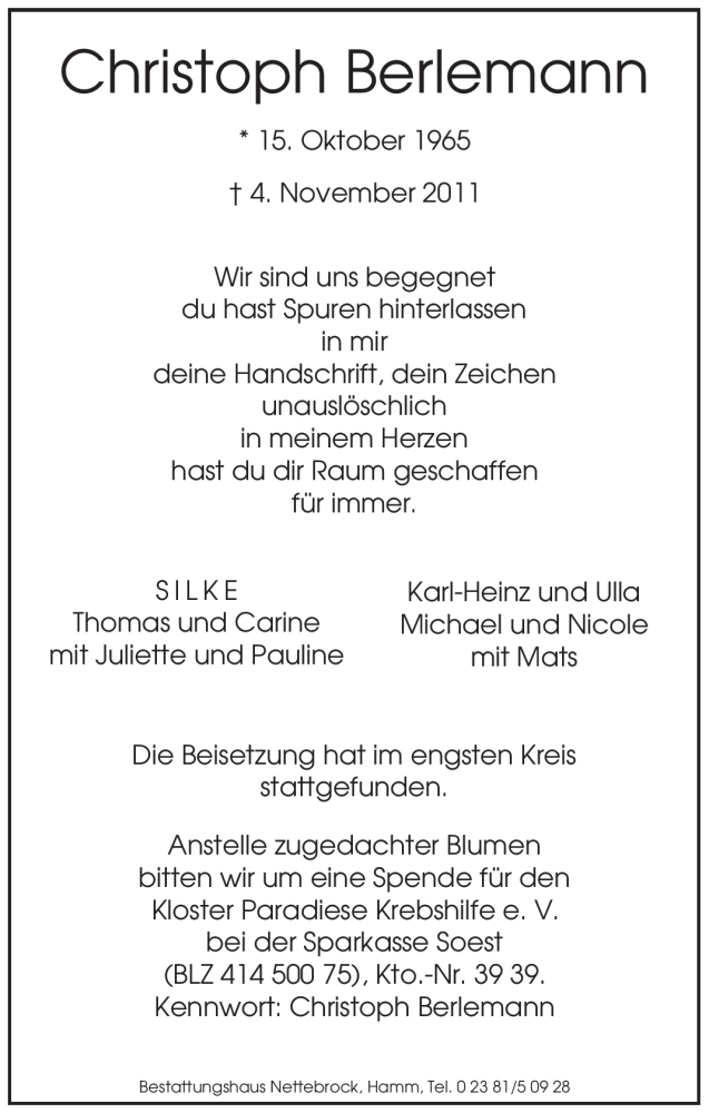  Traueranzeige für Christoph Berlemann vom 12.11.2011 aus WESTFÄLISCHER ANZEIGER