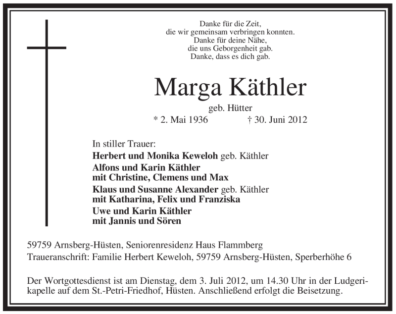 Traueranzeige für Marga Käthler vom 02.07.2012 aus WESTFÄLISCHER ANZEIGER
