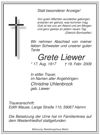 Traueranzeige von Grete Liewer von WESTFÄLISCHER ANZEIGER