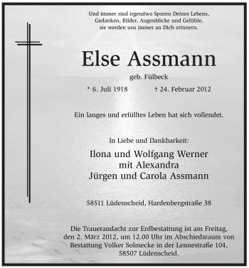 Traueranzeige von Else Assmann von WESTFÄLISCHER ANZEIGER
