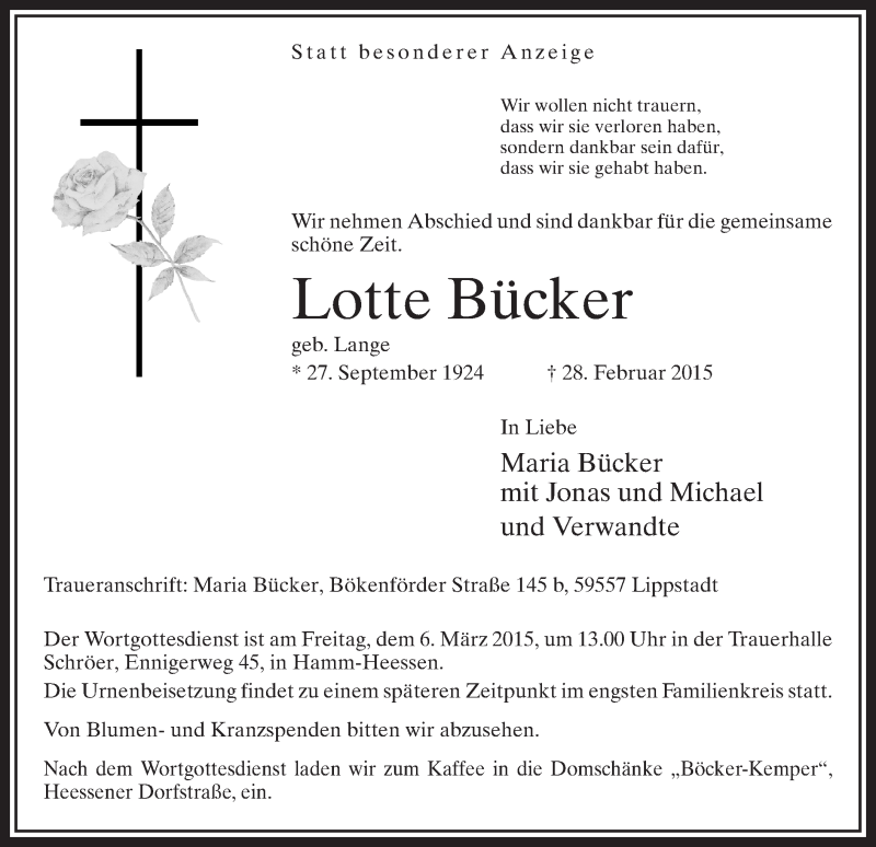  Traueranzeige für Lotte Bücker vom 03.03.2015 aus MZV