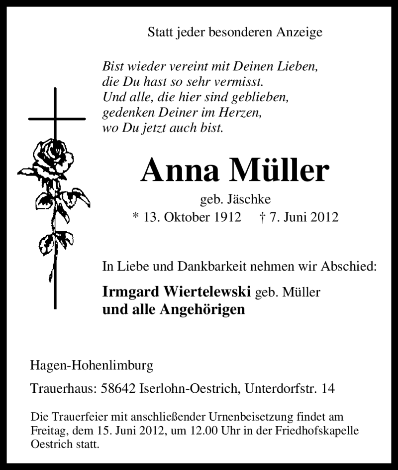  Traueranzeige für Anna Müller vom 09.06.2012 aus WESTFÄLISCHER ANZEIGER
