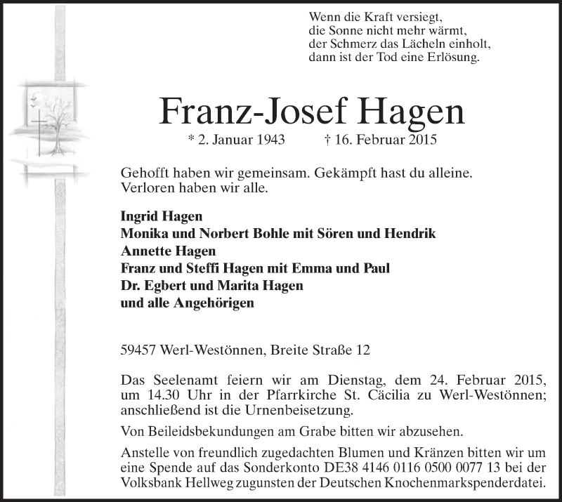  Traueranzeige für Franz-Josef Hagen vom 20.02.2015 aus MZV