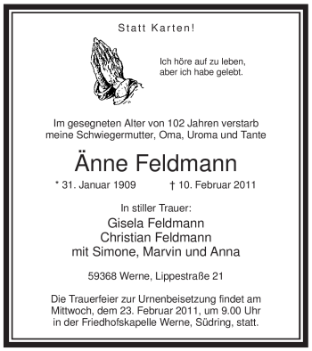 Traueranzeige von Änne Feldmann von WESTFÄLISCHER ANZEIGER