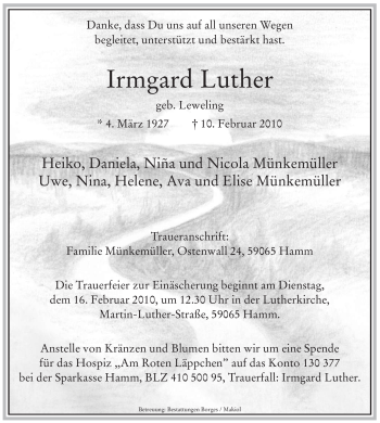 Traueranzeige von Irmgard Luther von WESTFÄLISCHER ANZEIGER