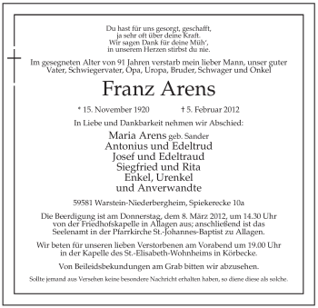 Traueranzeige von Franz Arens von WESTFÄLISCHER ANZEIGER