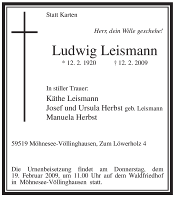Traueranzeige von Ludwig Leismann von WESTFÄLISCHER ANZEIGER