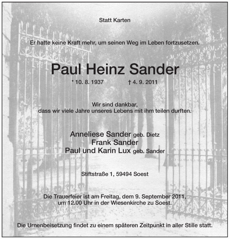  Traueranzeige für Paul Heinz Sander vom 06.09.2011 aus WESTFÄLISCHER ANZEIGER