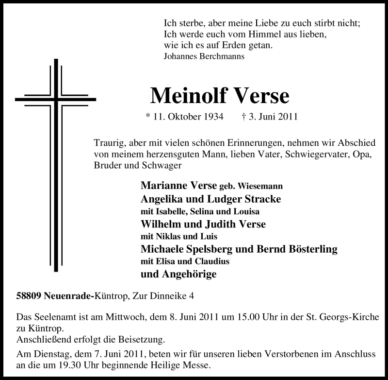  Traueranzeige für Meinolf Verse vom 07.06.2011 aus WESTFÄLISCHER ANZEIGER