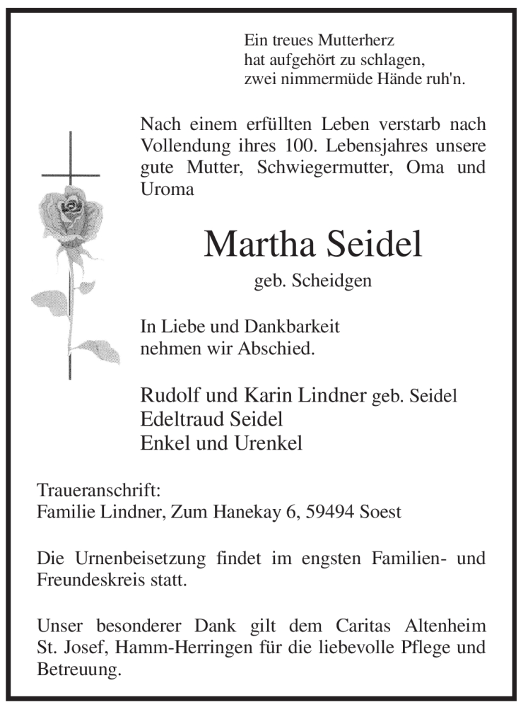  Traueranzeige für Martha Seidel vom 06.08.2011 aus WESTFÄLISCHER ANZEIGER