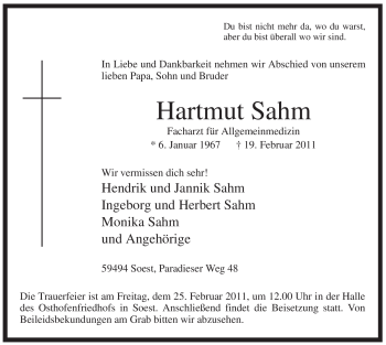Traueranzeige von Hartmut Sahm von WESTFÄLISCHER ANZEIGER