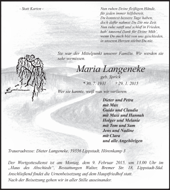Traueranzeige von Maria Langeneke von MZV