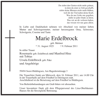 Traueranzeige von Marie Erdelbrock von WESTFÄLISCHER ANZEIGER