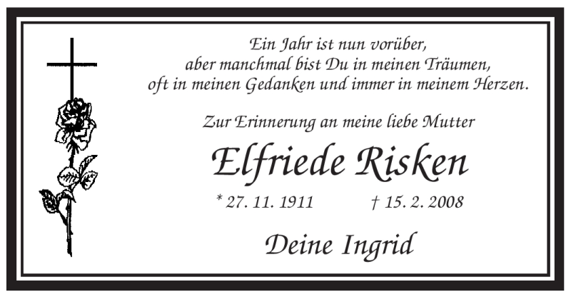  Traueranzeige für Elfriede Risken vom 16.02.2009 aus WESTFÄLISCHER ANZEIGER